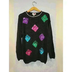 Vintage 90s Sheridan Square Size Large Sequined Tunic Sweater Silk Angora